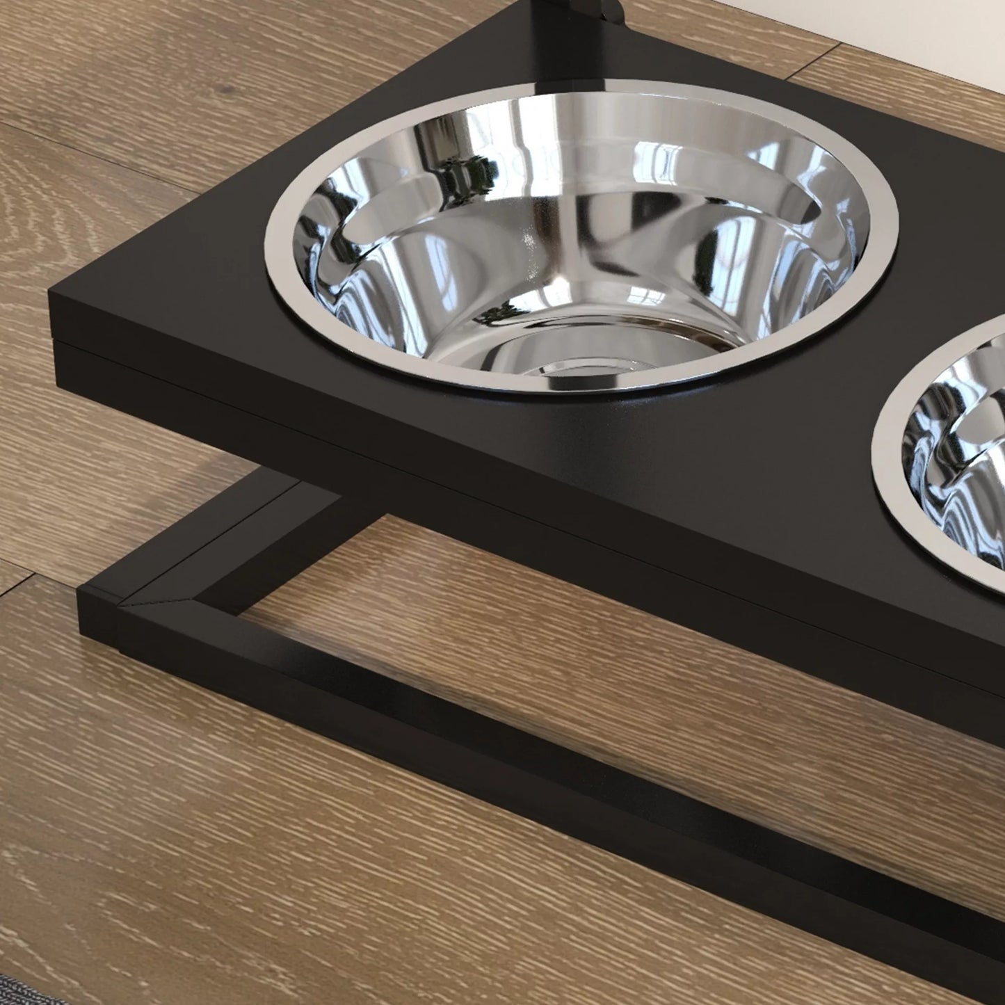 Barošanas stacijas paceltie pārtikas konteineri, nerūsējošā tērauda bļodas, 40,5 x 22 x 39 cm, melnas + sudrabainas