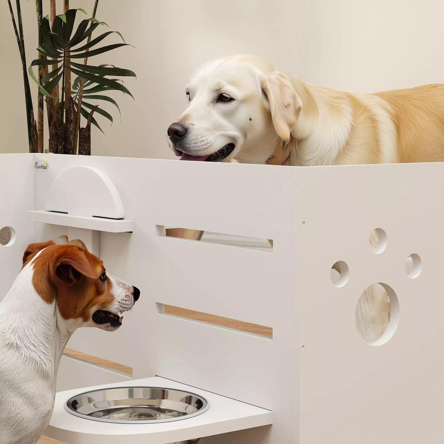 Stovas maistui šunims, reguliuojami dubenėliai su atskiru dizainu, 2 nerūdijančio plieno dubenėliai, kilimėlis nuo greito ėdalo, Baltas