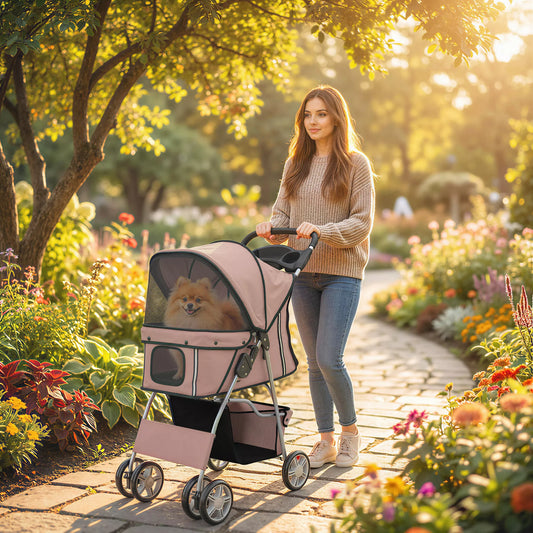 Šunų vežimėlis Sulankstomas šunų vežimėlis su atšvaito juostele Laikymo krepšys Pagalvėlė mažiesiems šunims iki 10 kg 77x44x102 cm Kavos spalvos