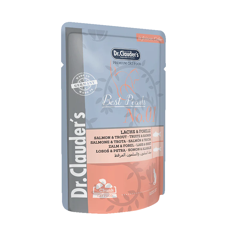 DR. CLAUDER'S drėgnas maistas katėms su lašiša ir upėtakiu drebučiuose 100 g