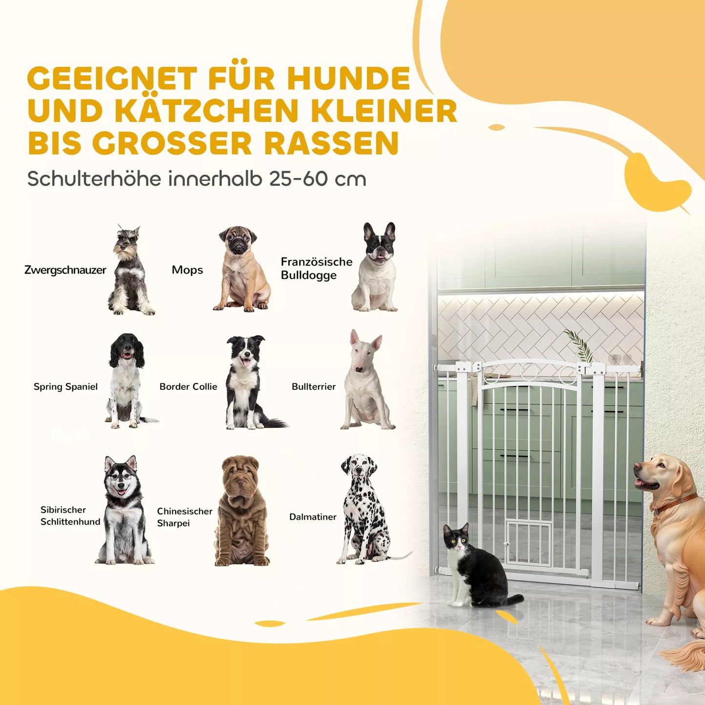 106 cm aukščio naminių gyvūnėlių tvorelė su reguliuojamu pločiu, integruotos katės durelės, skirta laiptams ir durų staktoms, balta