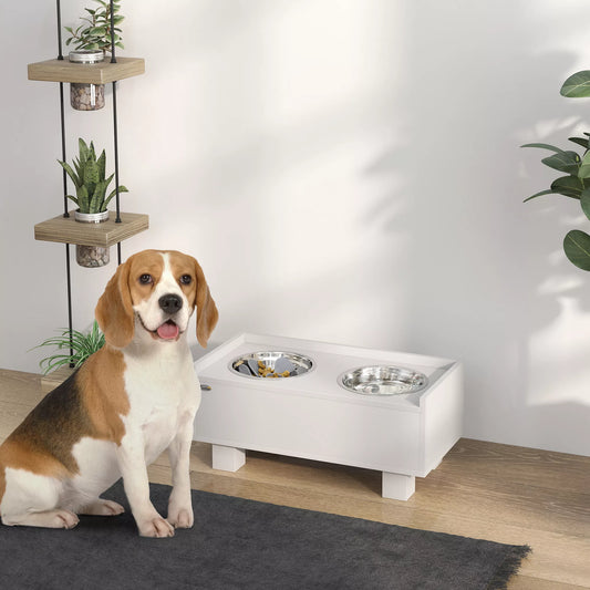 Pacelta suņu barošanas stacija ar noņemamu lēnas barošanas paklājiņu, 2 alumīnija bļodas, uzglabāšanas vieta, balta