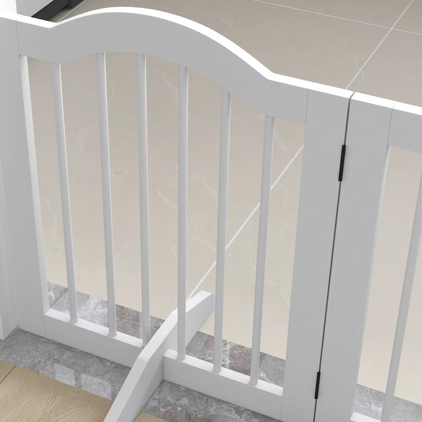 Salokāmi suņu vārti, 4 paneļi, kāpnēm, gaiteņiem, durvīm, MDF/masīvkoks, balti