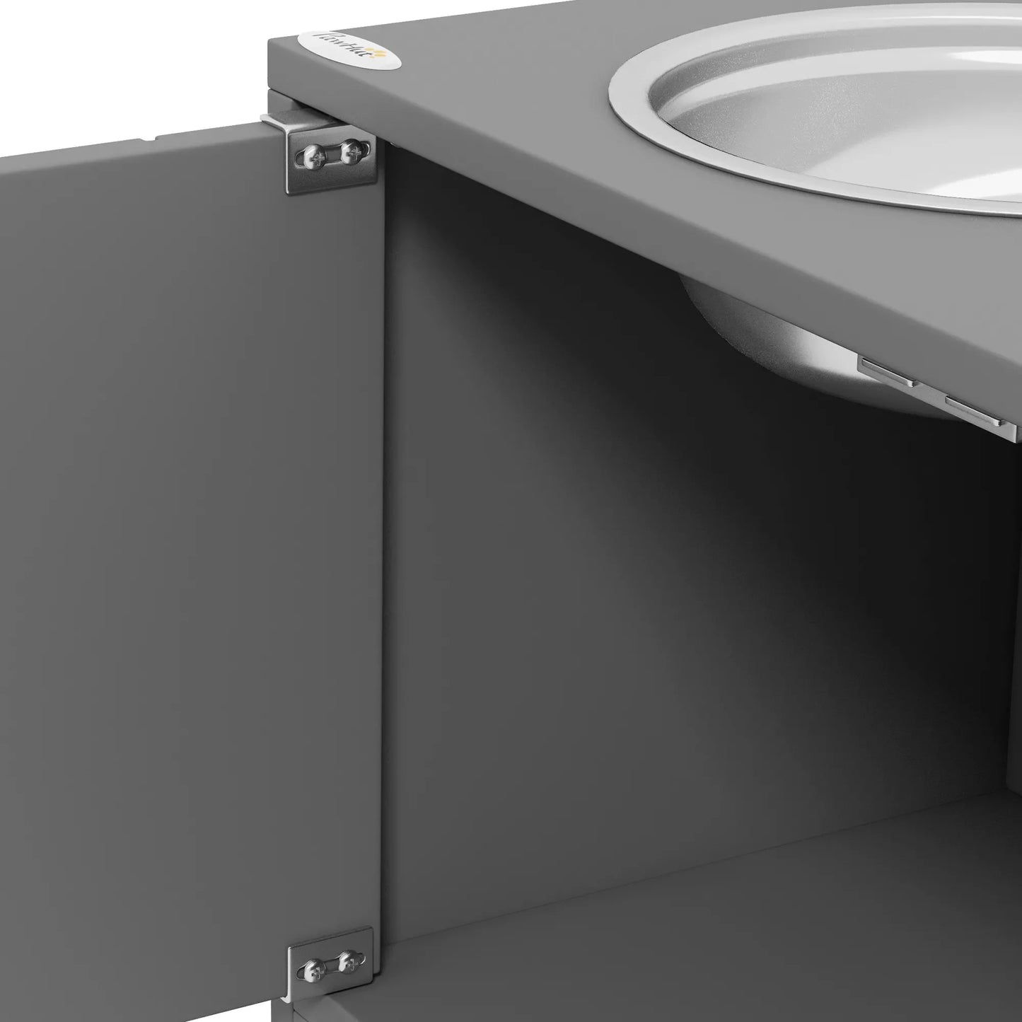 Pacelts barotava ar 2 nerūsējošā tērauda bļodām un 44 litru uzglabāšanas vietu, magnētiskām durvīm, lieliem suņiem, pelēka