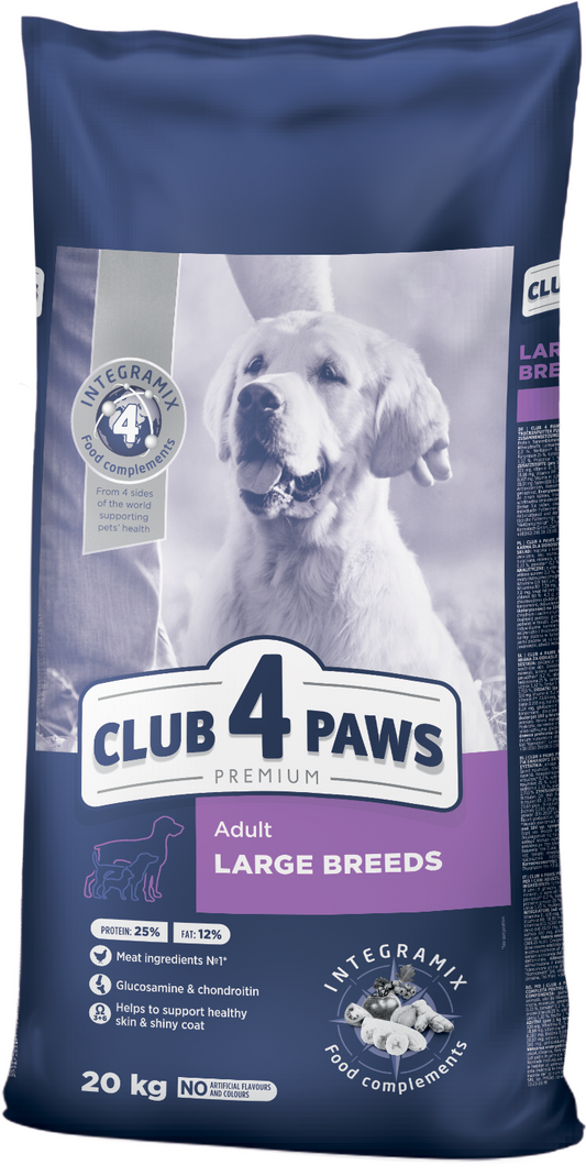 CLUB 4 PAWS PREMIUM PILNVĒRTĪGA SAUSĀ BARĪBA LIELU ŠĶIRŅU PIEAUGUŠIEM SUŅIEM