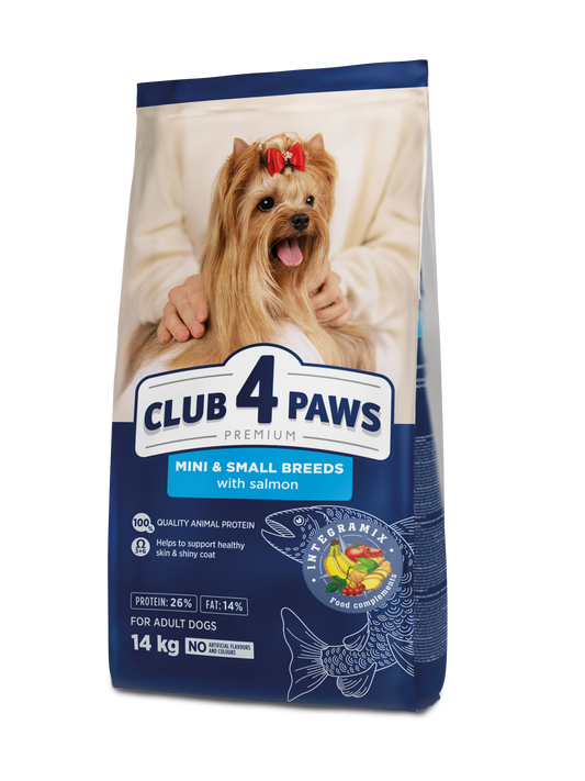CLUB 4 PAWS PREMIUM AR LASI. PILNVĒRTĪGA SAUSĀ BARĪBA PIEAUGUŠIEM MINIATŪRU UN MAZU ŠĶIRŅU SUŅIEM.