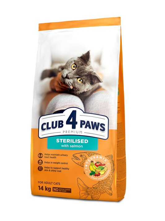 CLUB 4 PAWS PREMIUM AR LASI PILNVĒRTĪGA SAUSĀ BARĪBA PIEAUGUŠIEM STERILIZĒTIEM KAĶIEM