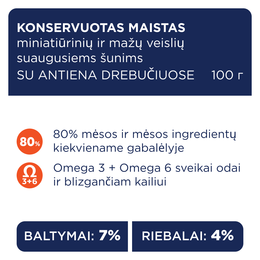 CLUB 4 PAWS Premium konservuotas ėdalas mažų veislių šunims su antiena drebučiuose 12x0.1 kg sudėtis