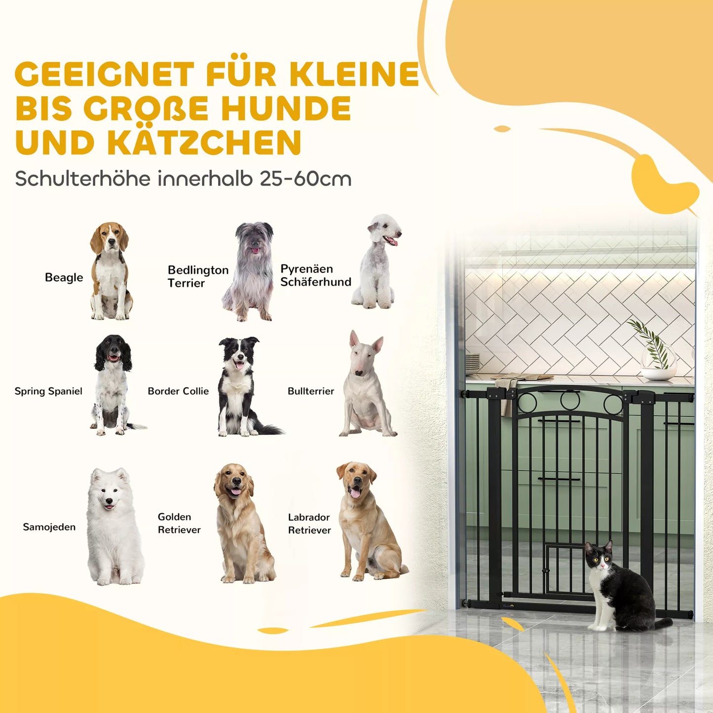 Mājdzīvnieku vārtiņi, 96 cm kāpņu drošības vārtiņi, regulējams platums 76-104 cm, ar kaķu durvīm, kāpnēm un durvju ailēm, melni