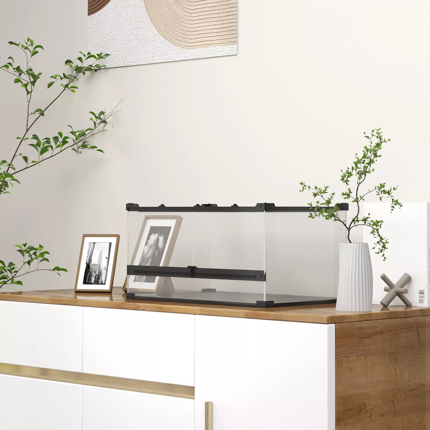 Stikla terārijs rāpuļiem, paaugstināts un ūdensnecaurlaidīgs dibens, sprādzes aizdare