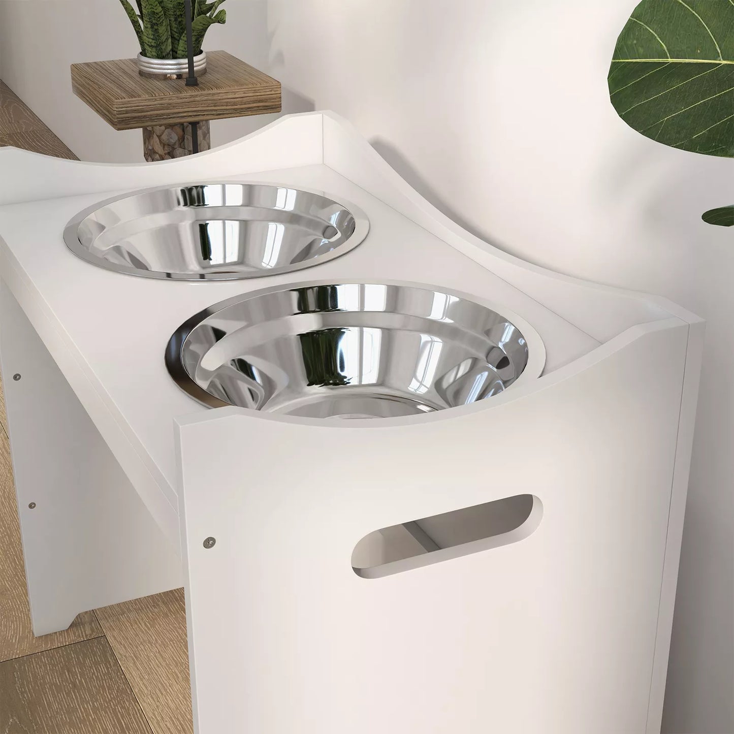 Maisto stotelė šunims, 2 nerūdijančio plieno dubenėliai, reguliuojamo aukščio, 54x31,5x47cm, balta