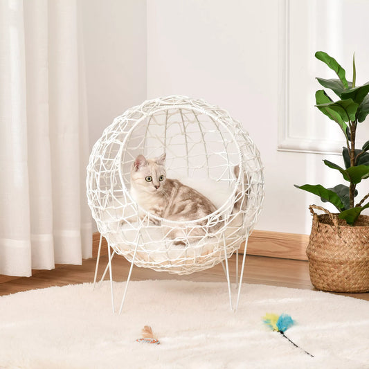 PawHut rotanga kaķu gulta/māja ar spilvenu, paaugstināts dizains, mājdzīvnieku gulta, krēmbalta, Ø45 x 57A cm