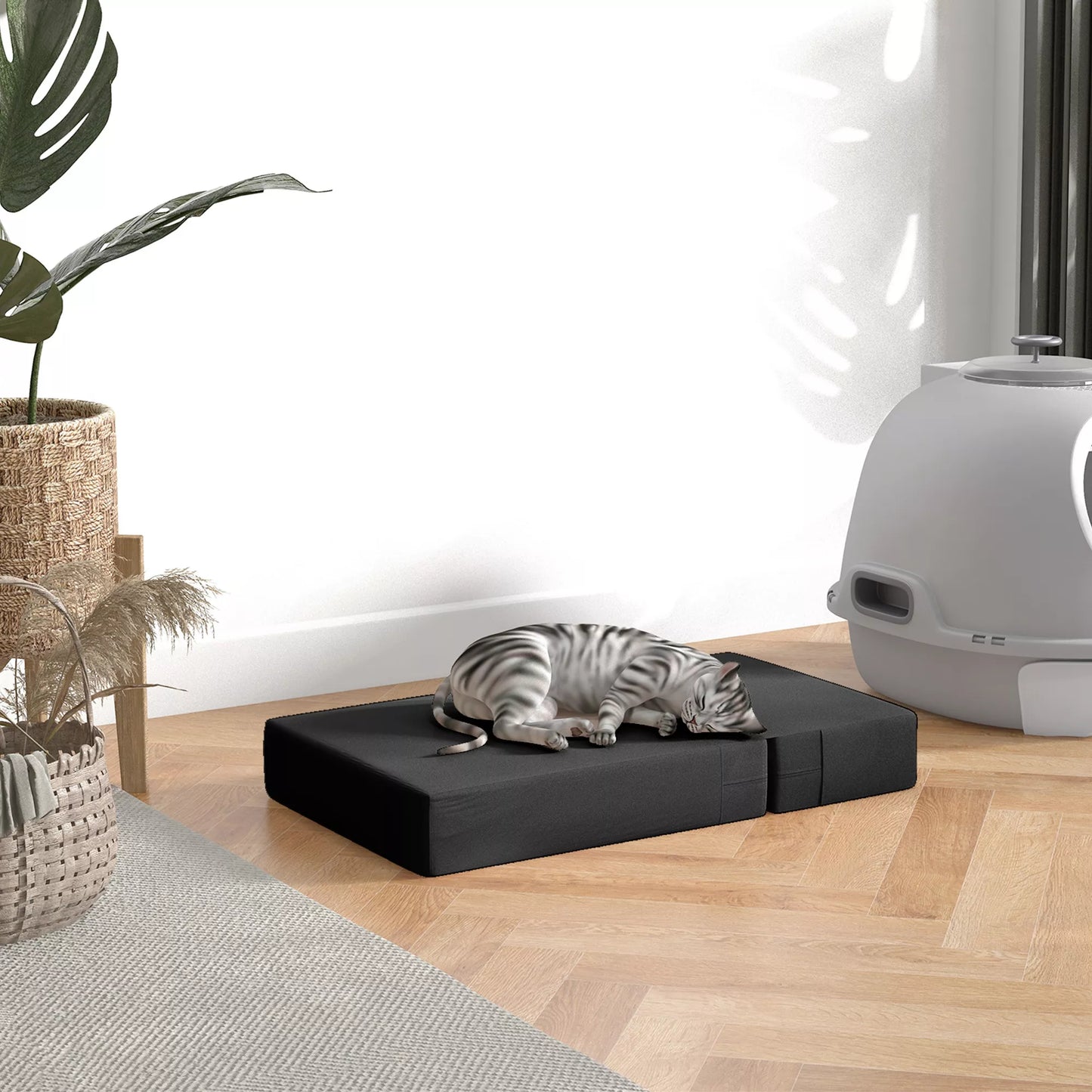 Mājdzīvnieku kāpnes, 2 pakāpieni, salokāmas, suņu kāpnes, pamatne kaķiem un suņiem, melnas, garums 45 x platums 39 x augstums 20 cm