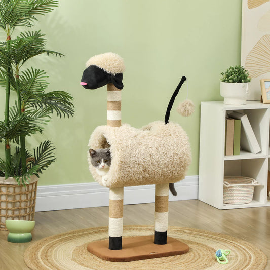 Kaķu māja aitas formā ar skrāpējamo stabu, tuneli un rotaļlietu, 98 cm, gaiši brūna