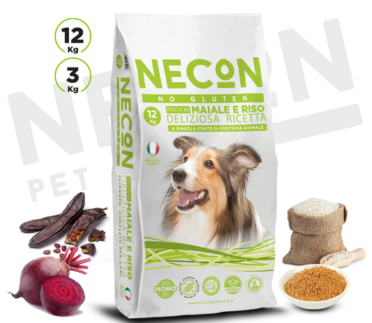 Necon No Gluten Rich in Pork Dog sausas pašaras šunims be gliuteno su kiauliena puiki sudėtis