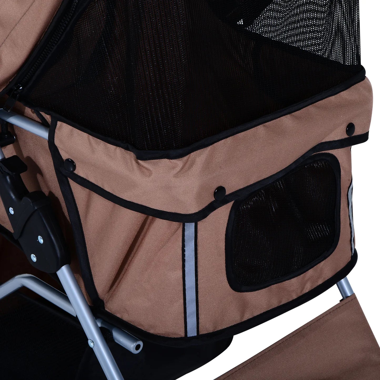 Šunų vežimėlis iki 10 kg, sulankstomas, su apatiniu krepšiu, 2 puodelių laikikliais, stogeliu nuo saulės, kavos rudos spalvos