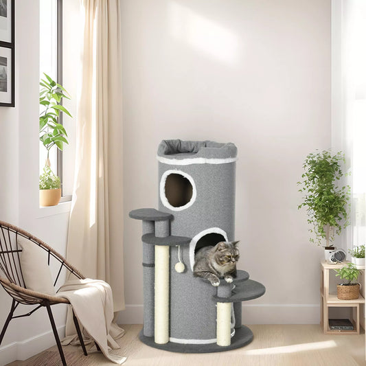Kaķu skrāpējamais stabs-cilindrs, 2 kaķi mājā, 4 guļvietas, 4 skrāpējamie stabi, 57 cm x 57 cm x 99 cm, pelēks + balts