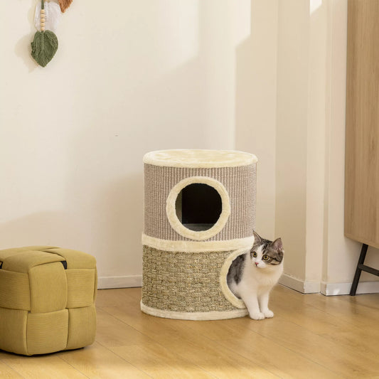 Kaķu skrāpējamais paklājiņš, 49 cm augsts, Ø35,5 cm, divstāvīgs ar plīša malu, skrāpējamais paklājiņš, 2 gultņi, haki+kafijas krāsā