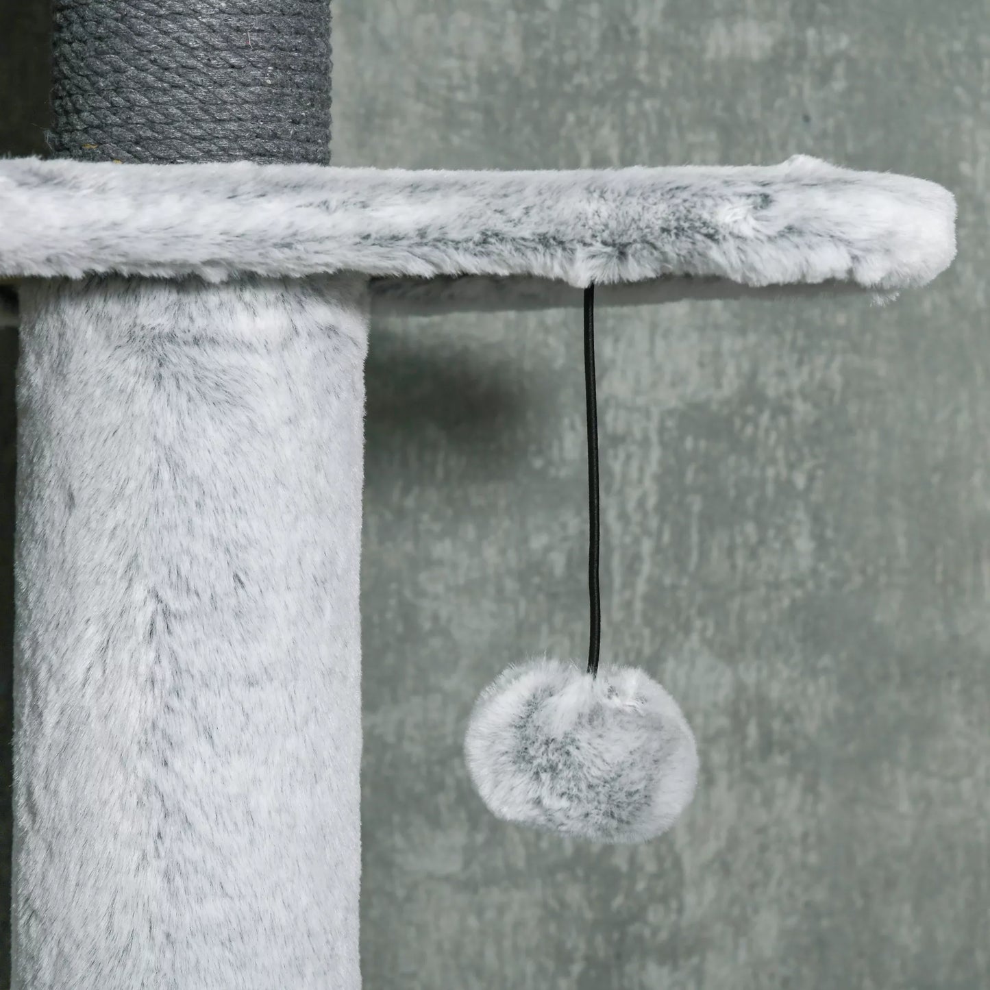 Katės medis su lubų įtempiu, hamaku, nameliu, platformomis, žaisliuku, 225-255cm, Pilkas