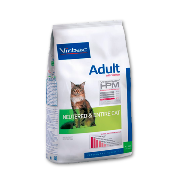 Virbac Veterinary HPM Adult Salmon Neutered & Entire Cat visavertis sausas pašaras sterilizuotoms ir nesterilizuotoms katėms