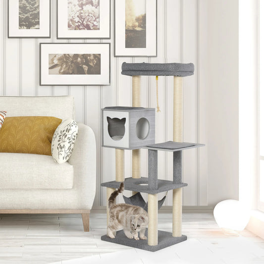 Didelis 155 cm aukščio kačių medis su hamaku Kačių medis su kopėčiomis Daugiapakopis kačių medis su kačių dėže, minkštu pagalvėliu Kačių baldai Sizalis Pilka ir balta