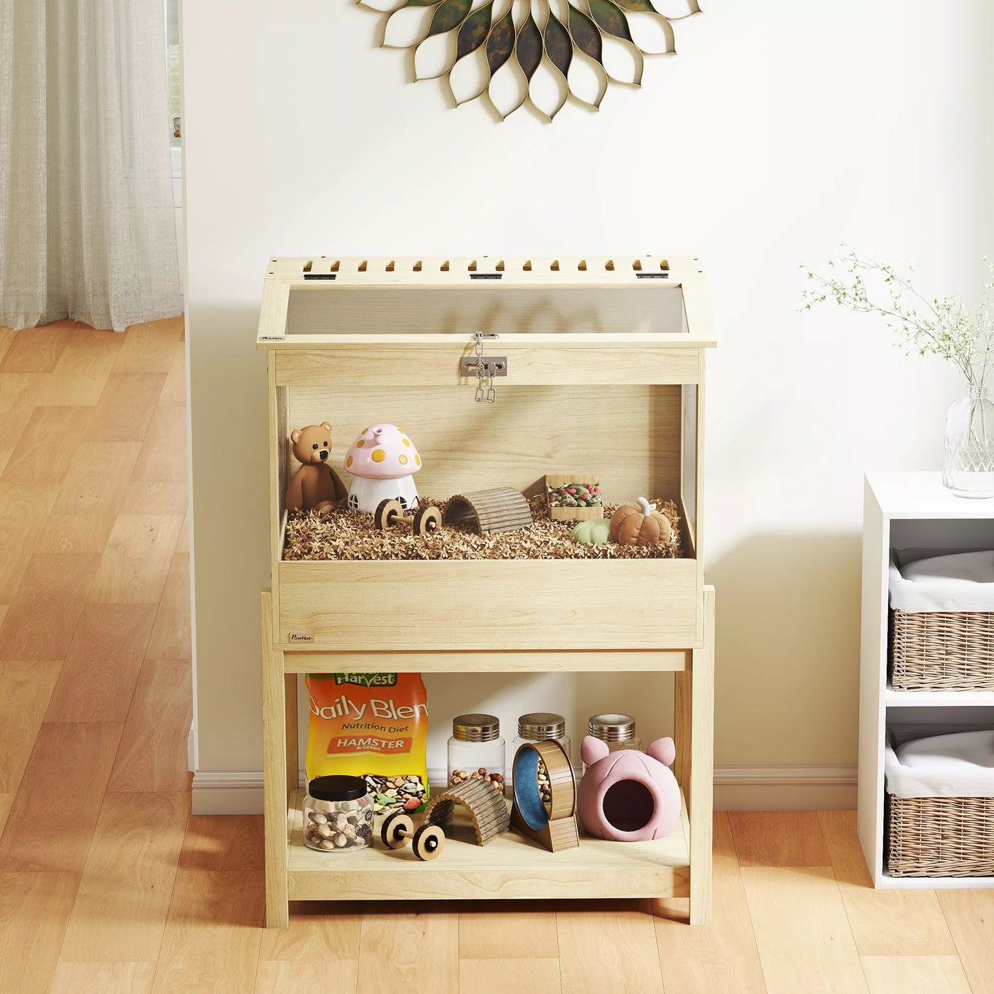 Hamsterio narvas 2 aukštų graužikų narvas smulkių gyvūnėlių narvas su atlenkiamu dangčiu, didelis 83,2 x 50 x 103 cm natūralaus medžio