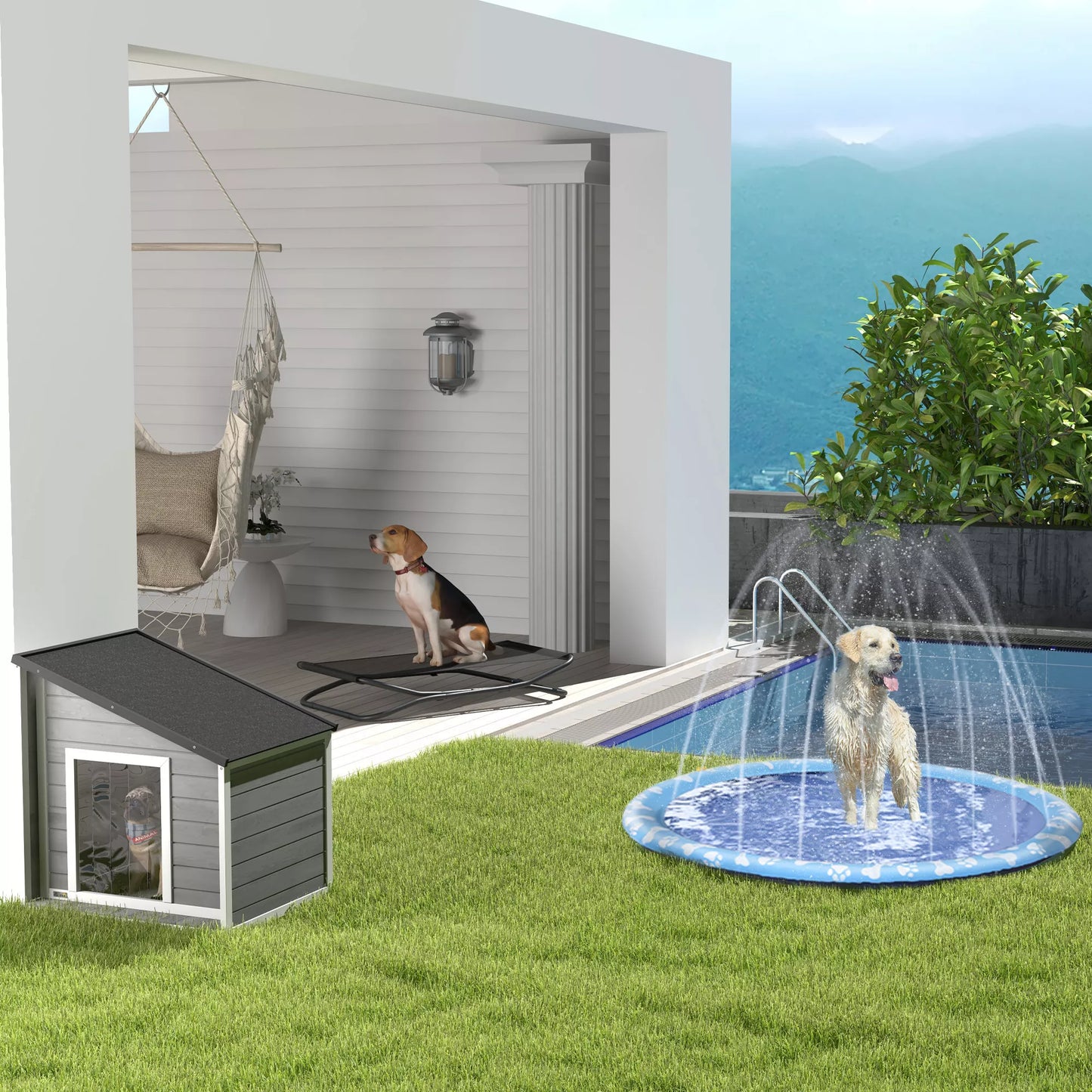 Suņu būda no masīvkoka, laikapstākļiem izturīga, ar asfalta jumtu, 71 cm x 58 cm x 77 cm, pelēka + balta