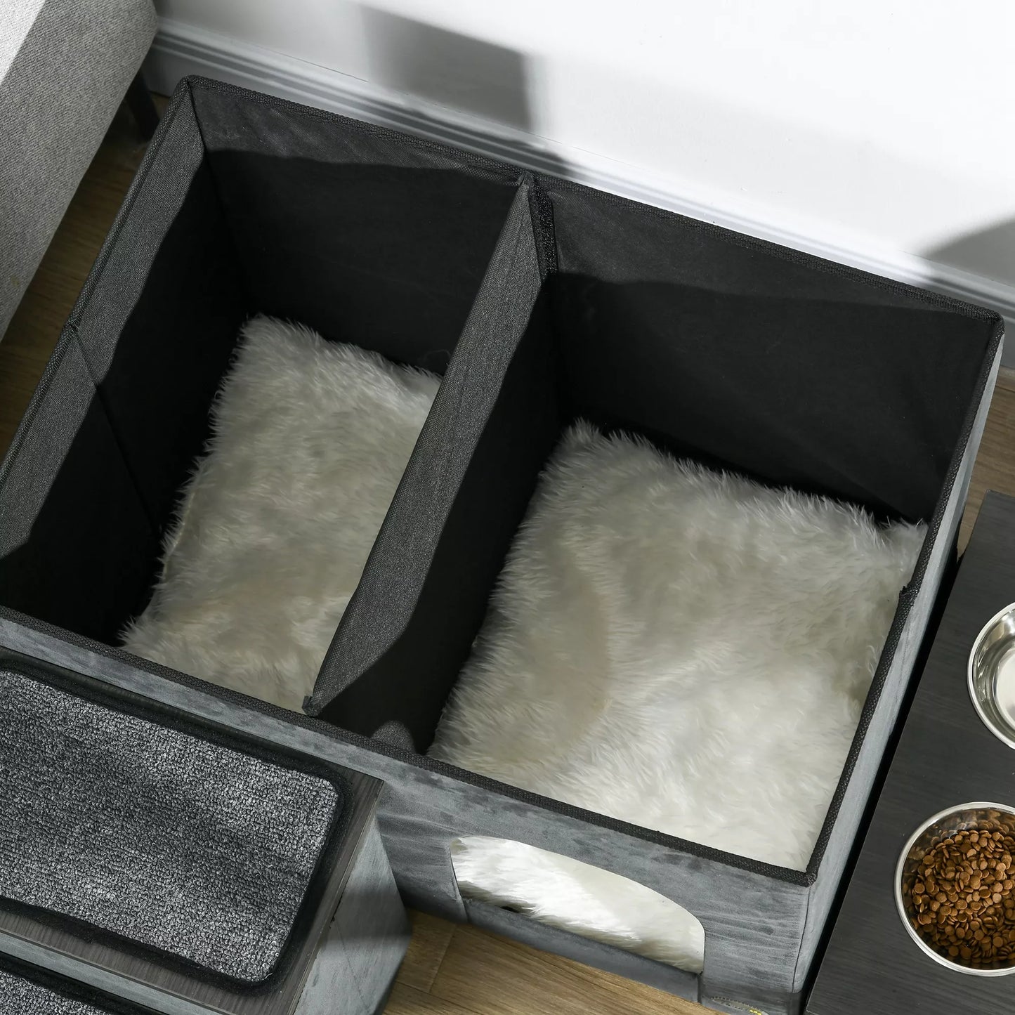 Katės namelis, būdelė, guolis, 3 laipteliai augintiniams, 2 ėdalo/vandens dubenėliai, 70 x 50 x 51 cm, Pilkas