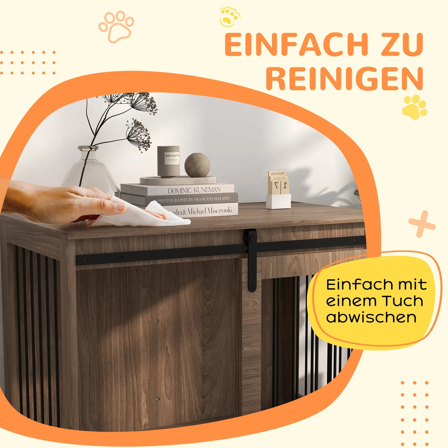 Suņu būris, aizslēdzams, koka izskats, rustikāls dizains, 98 cm x 58 cm x 67 cm, valrieksts + melns