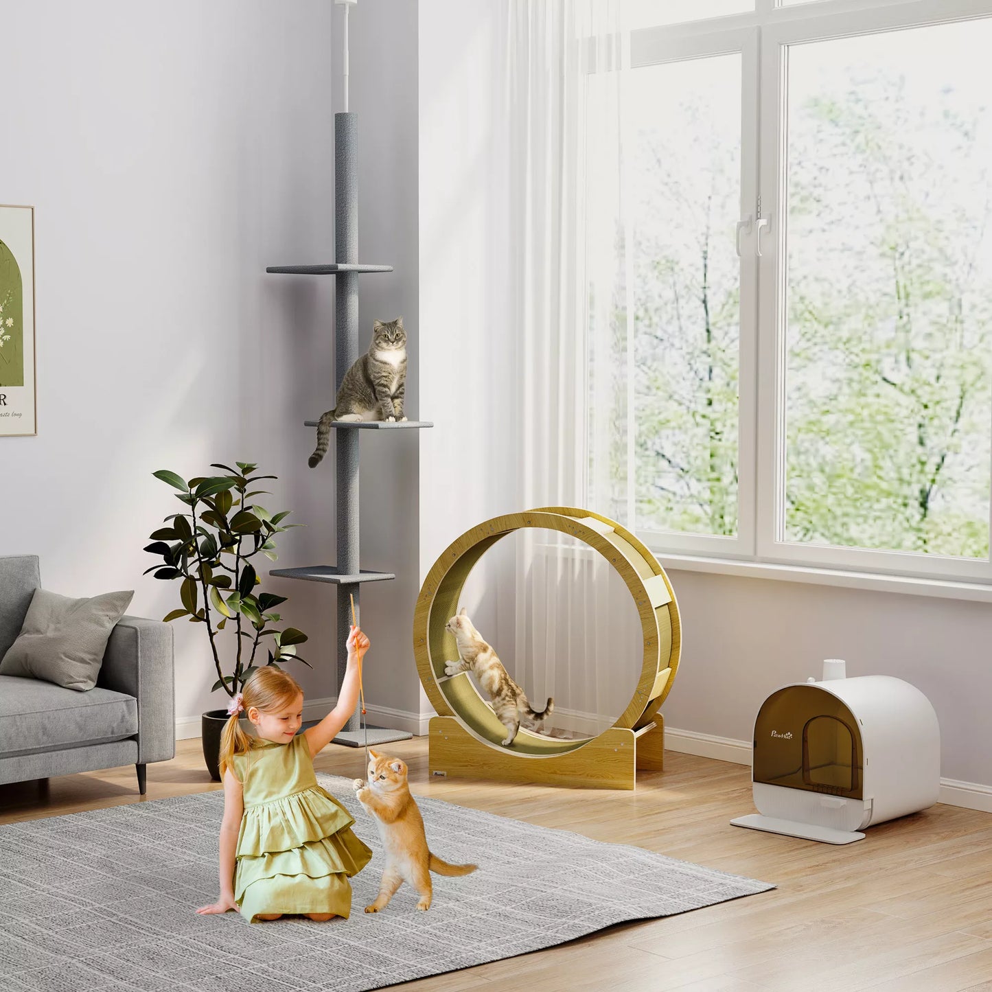 Kačių tualetas su filtru, 1 atsarginiu filtru, 1 grindų kilimėliu, 43 cm x 44 cm x 47 cm, Juoda + Balta PawHut