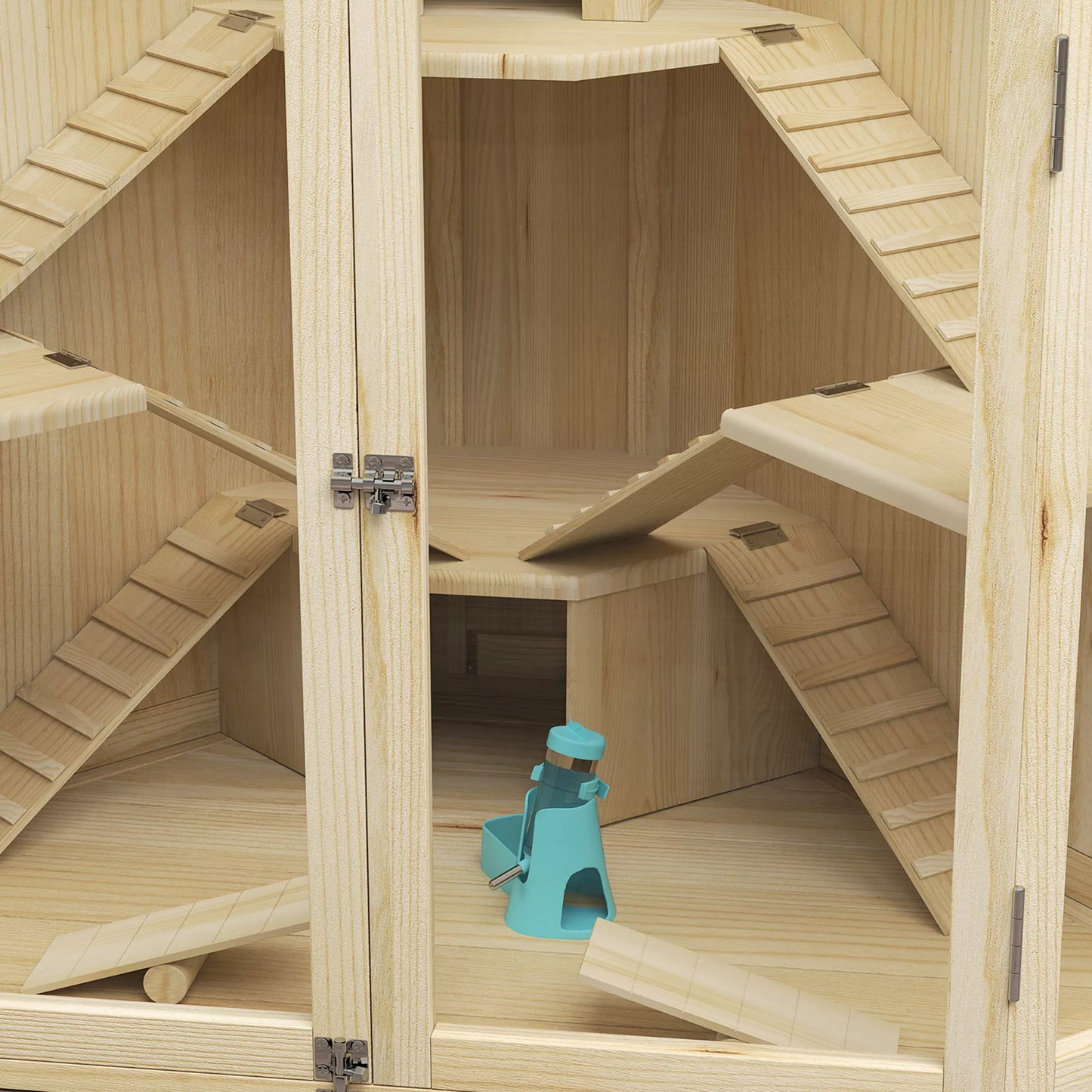 Kāmju būris, 4 līmeņu dizains, ar barošanas staciju, šūpolēm, rampām, mājiņām, 115 x 69,5 x 79 cm, koka
