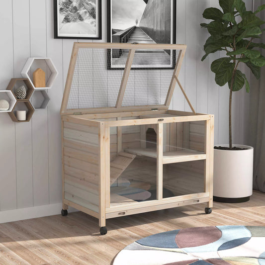 PawHut divstāvu putnu būris maziem dzīvniekiem, 4 riteņi, dabīgs lakots priedes koks