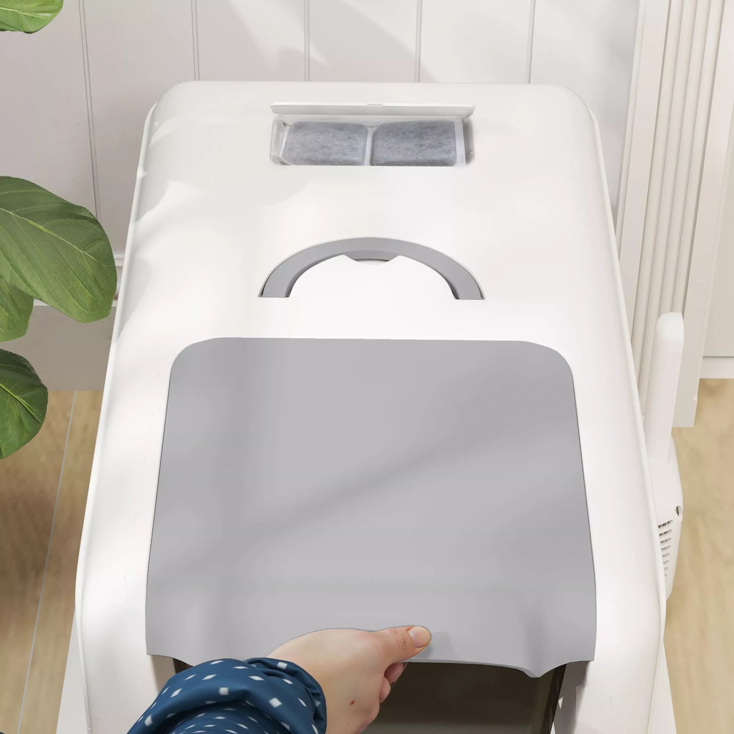 Katės tualetas, nerūdijančio plieno dugnas, filtras, kaušelis, katėms iki 6 kg, 40,5 x 60,5 x 41,5 cm, Balta/Sidabrinė