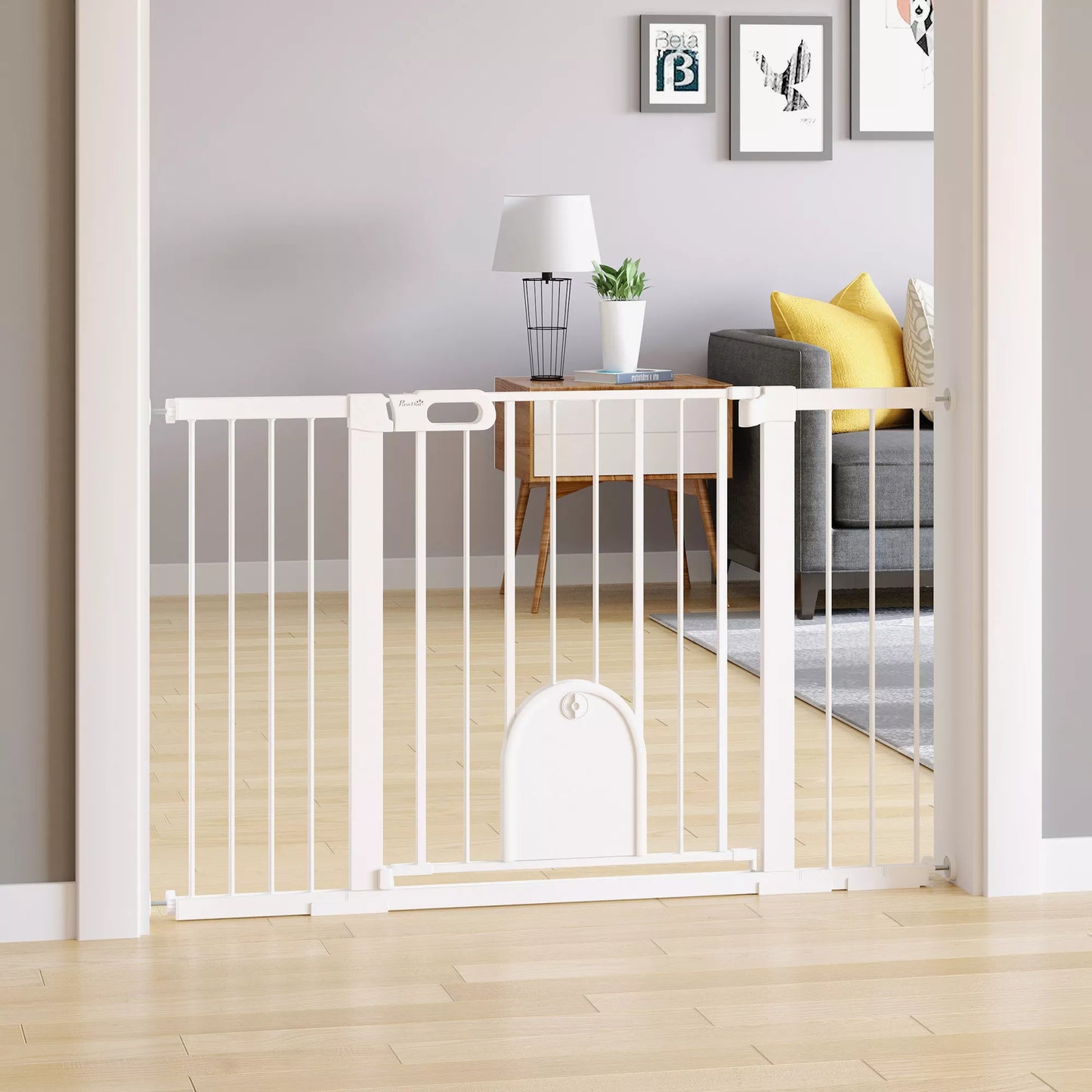 Apsauginiai varteliai šunims ir augintiniams, skirti durims ir laiptams, metaliniai su ABS tvirtinimo spaustukais, balti, 75-131 x 76 cm