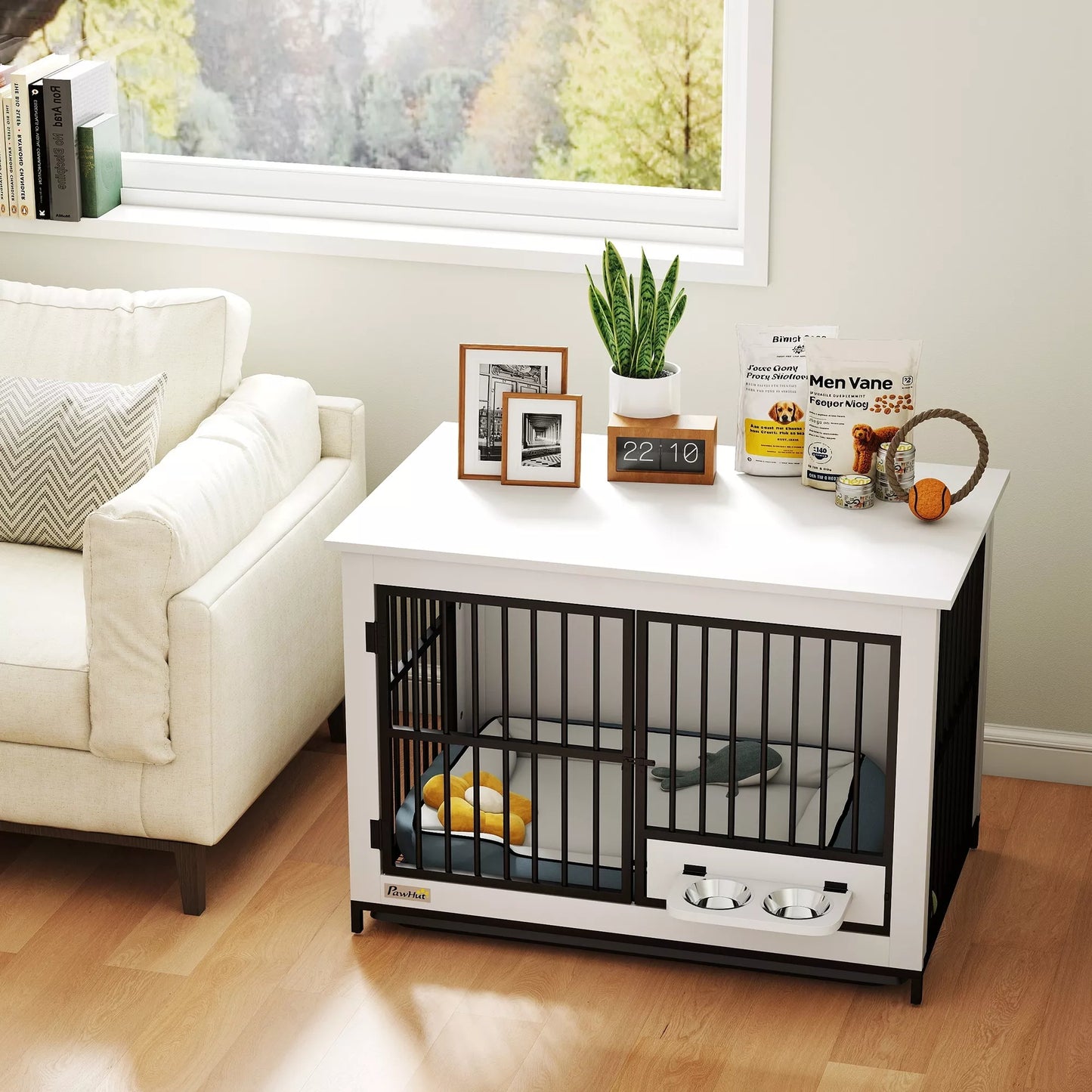 Didelė šunų transportavimo dėžė, lengva prieiga, užrakinama, su pasukamu dubenėlio laikikliu, skirta mažoms ir didelėms šunims, balta