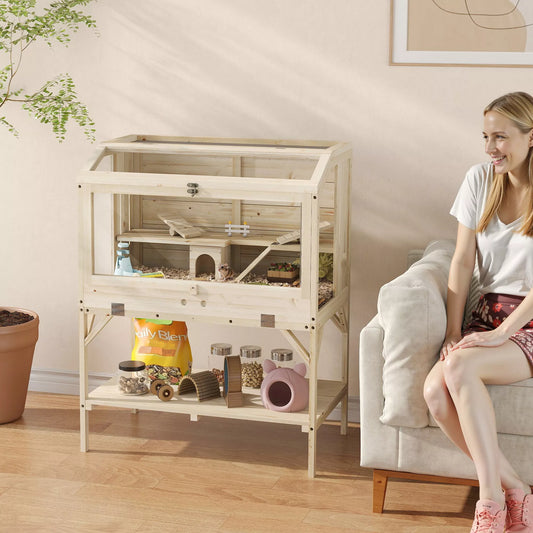 Hamsterio narvelis, 2 lygiai, narvelis smulkiesiems gyvūnams su daiktų laikymo skyriumi, priedai, 84 x 53 x 110 cm, natūralus medis
