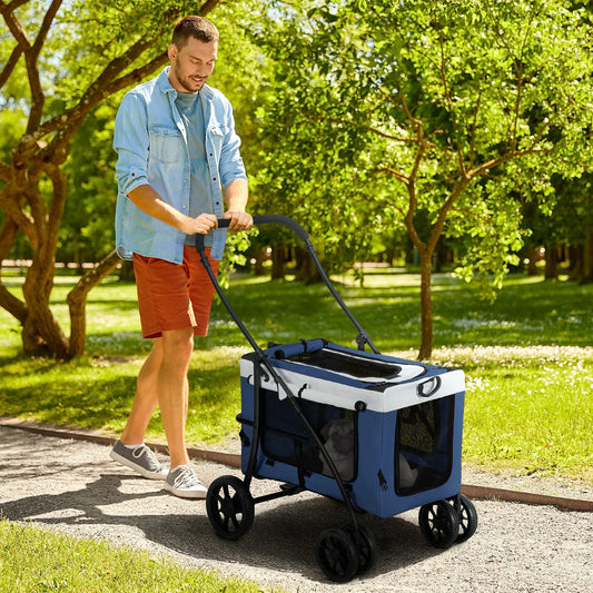 Vežimėlis šuniui, vežimėlis augintiniui, augintinio transportavimo priemonė iki 10 kg, sulankstomas, reguliuojamos rankenos, nuimamas krepšys, 81 x 58 x 97,5 cm, juoda + mėlyna + balta