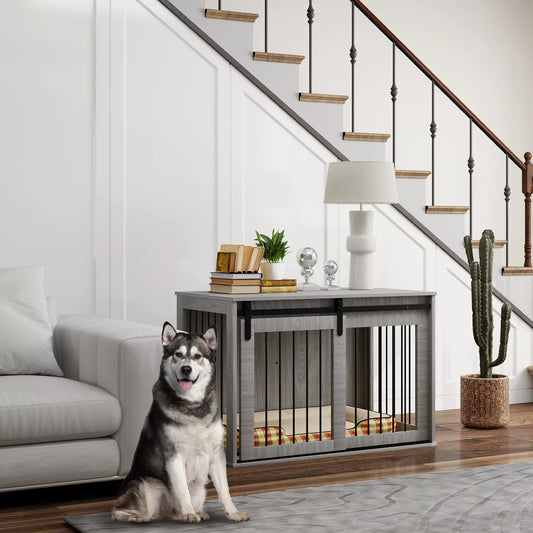 Suņu transportēšanas kaste ar bīdāmām durvīm, ventilāciju, izgatavota no skaidu plātnes un tērauda, 98 x 58 x 61 cm, pelēka