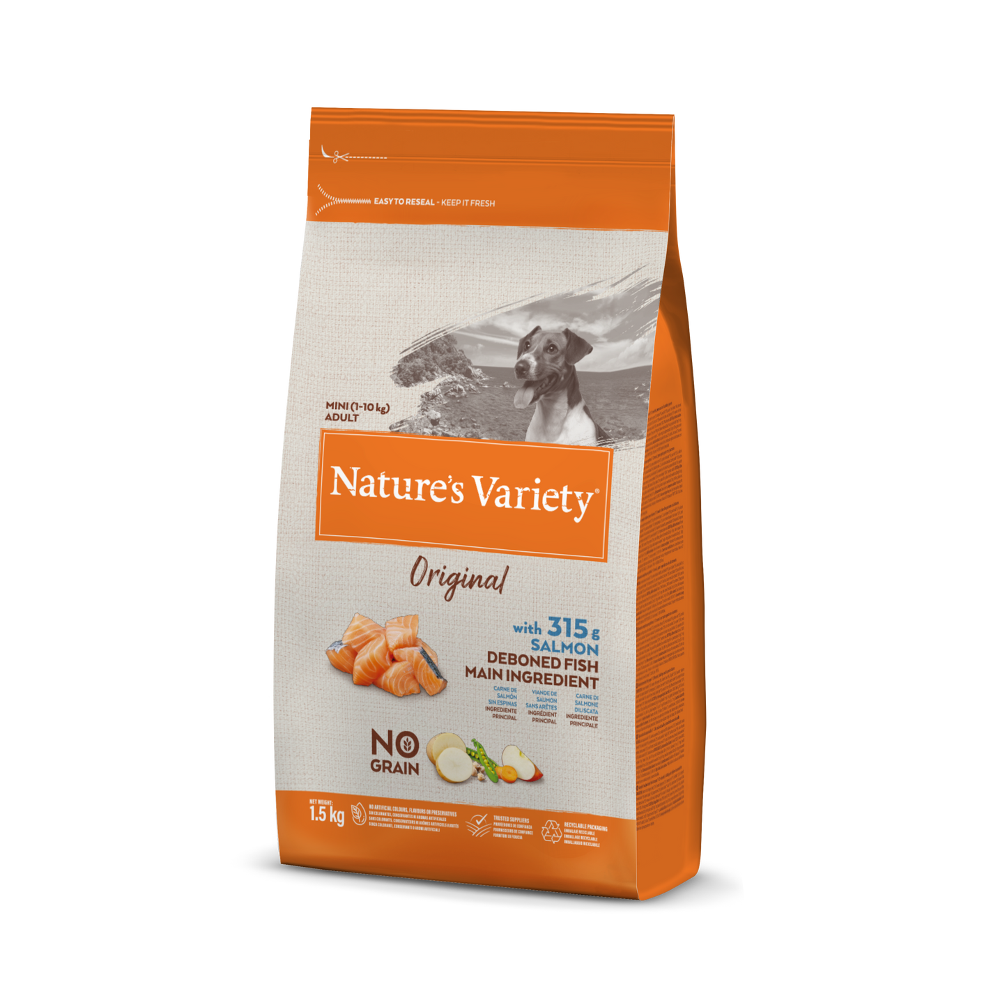 Nature's Variety Original Mini Adult Sausas maistas suaugusiems mažųjų veislių šunims su lašiša 1,5 kg