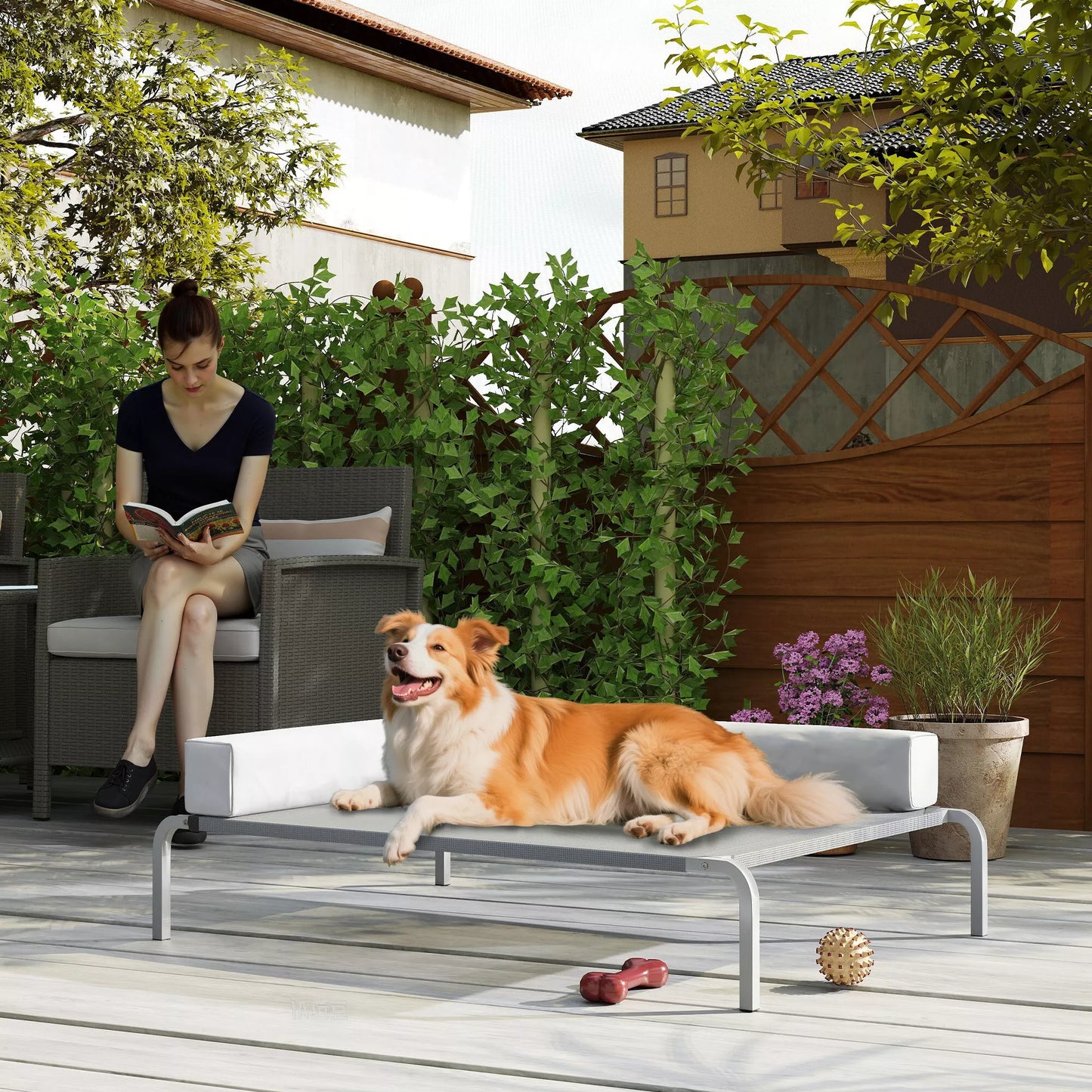 Lauko šunų gultas, paaukštinta šunų lova vidutinio dydžio šunims, su L formos pagalvėle, 110x75x30cm, šviesiai pilka