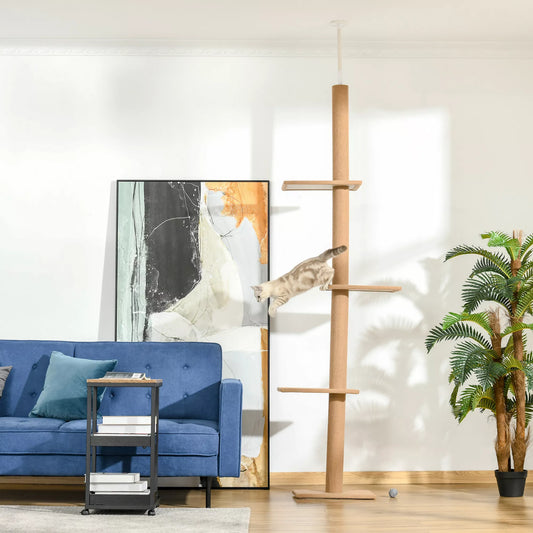 Griestu kaķu skrāpēšanas stabs, 228–260 cm, augstumā regulējams kaķu kāpšanas koks ar 3 līmeņiem, kaķu skrāpēšanas stabs, rotaļu koks no grīdas līdz griestiem, gaiši brūns