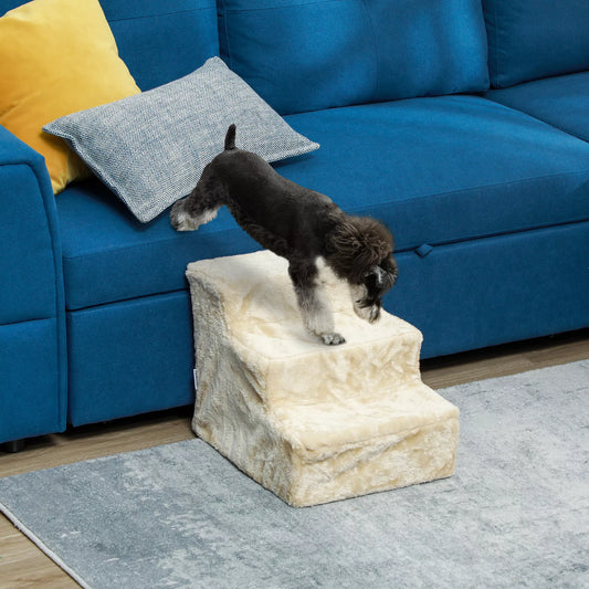 Salokāmas 3 pakāpienu mājdzīvnieku kāpnes ar mazgājamu plīša pārvalku, izgatavotas no skaidu plātnes, 46 x 35 x 35 cm, bēšas