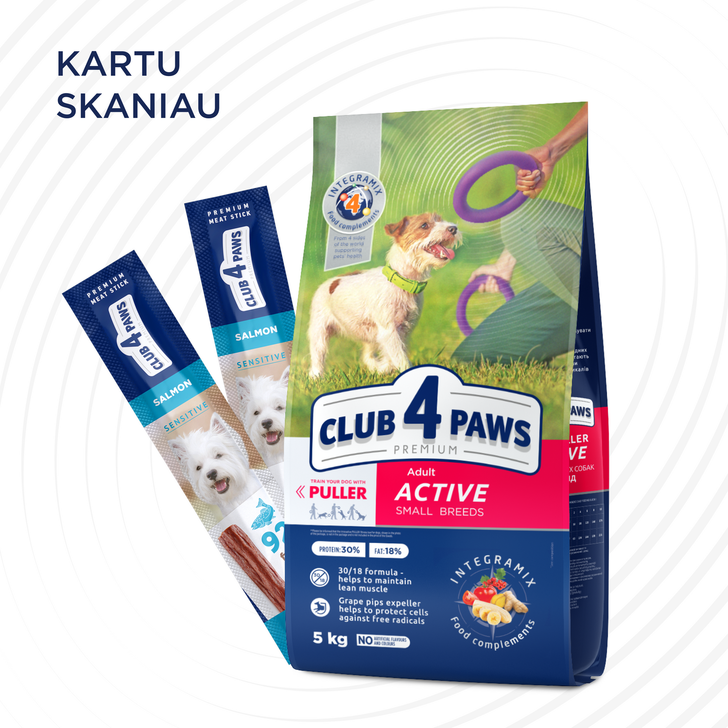 CLUB 4 PAWS PREMIUM ACTIVE. VISAVERTIS SAUSAS PAŠARAS SUAUGUSIEMS AKTYVIEMS MAŽŲ VEISLIŲ ŠUNIMS