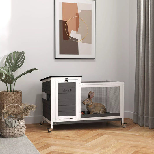 Koka trušu būris ar āra nožogojumu, riteņiem un salokāmu jumtu, lietošanai iekštelpās un ārā, 92 x 52 x 67 cm, tumši pelēks