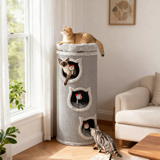 Kaķu skrāpēšanas stabs, 96 cm, 4 līmeņu kaķu tornis ar mazgājamu gultu, 3 guļamvietas, piekaramas rotaļlietas, vairākiem kaķiem, pelēks