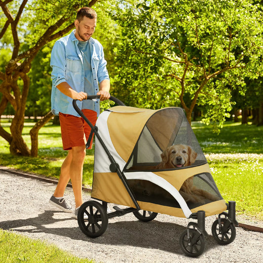 Šunų vežimėlis, sulankstomas šunų vežimėlis dideliems šunims, keturratis naminių gyvūnų vežimėlis, saugos dirželiai, stabdžiai, rudos spalvos