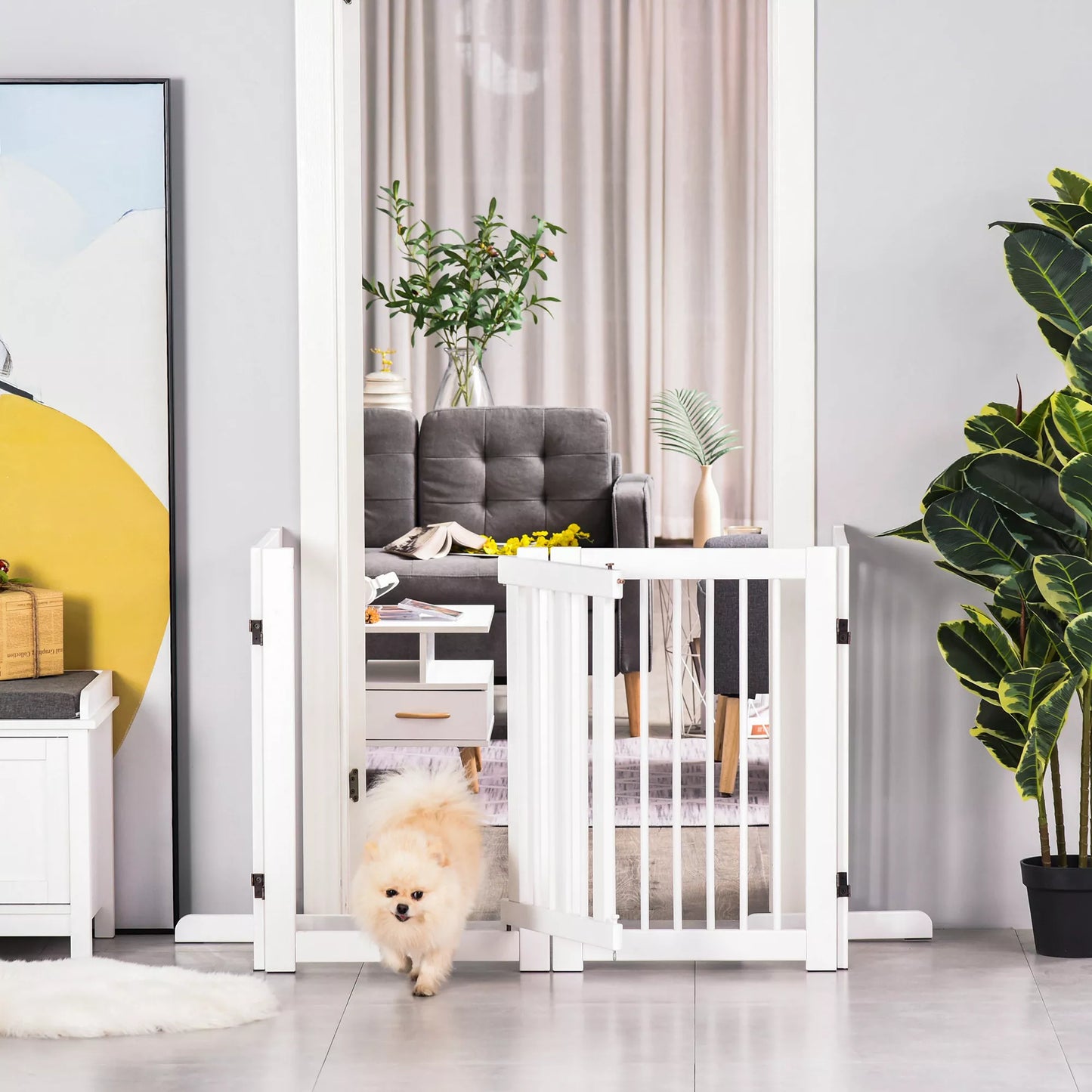 Suņu vārti, 4 daļas, 204 x 75 cm, salokāmi drošības vārti ar durvīm, brīvi stāvoši suņu vārti ar 2 atbalsta kājām, koka vārti kāpnēm, gaitenim, virtuvei, balti