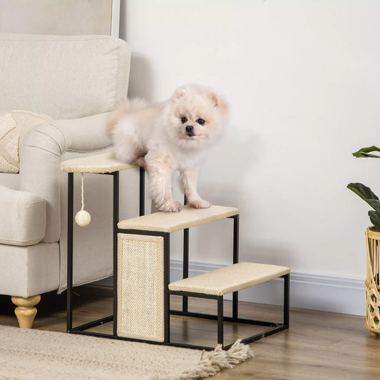 Kaķu kāpnes ar skrāpējamo stabu, 3 pakāpieni, rotaļlieta ar bumbu, izturīga, tērauds+sizala audums, krēmīgi baltas+melnas krāsas, 51 x 54 x 53 cm