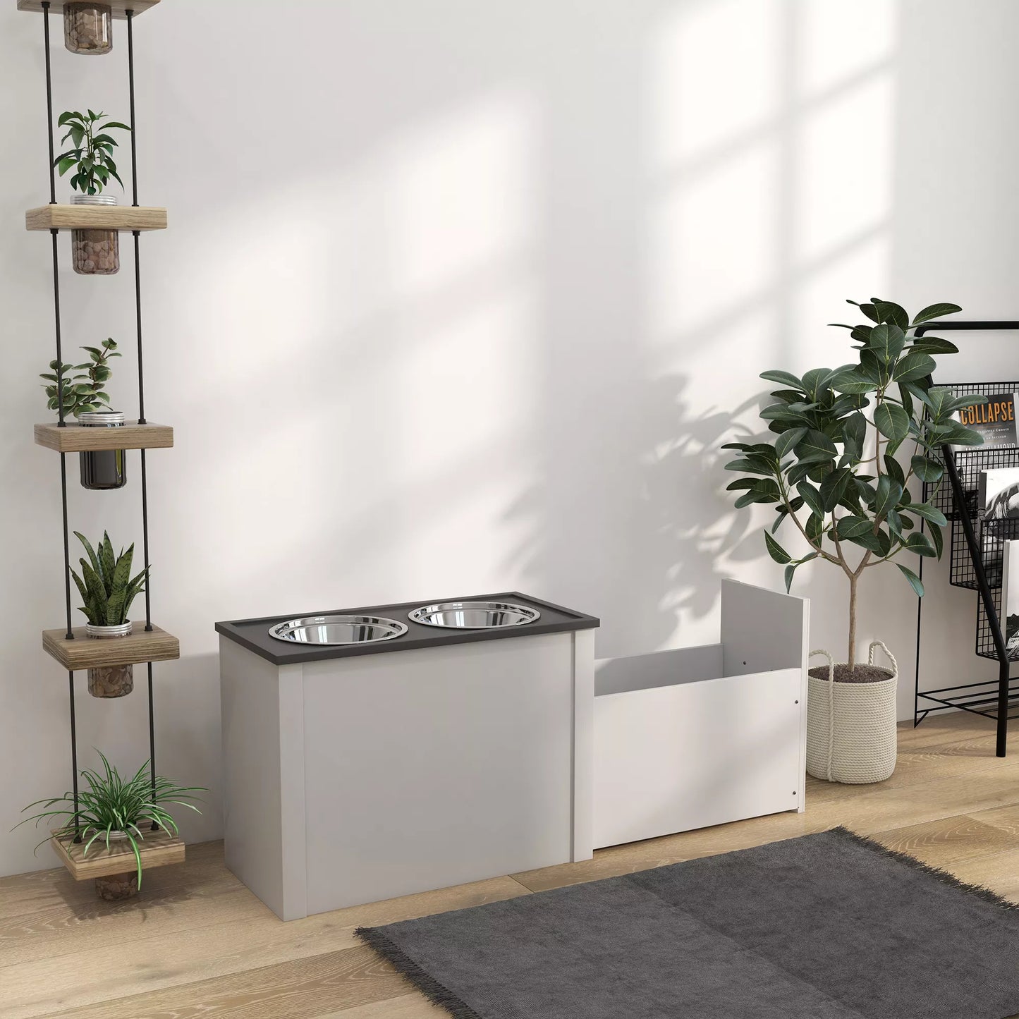 Barošanas stacija ar paceltiem barības konteineriem, 1 uzglabāšanas vieta, 2 nerūsējošā tērauda bļodas, 60 x 30 x 42 cm, balta + pelēka