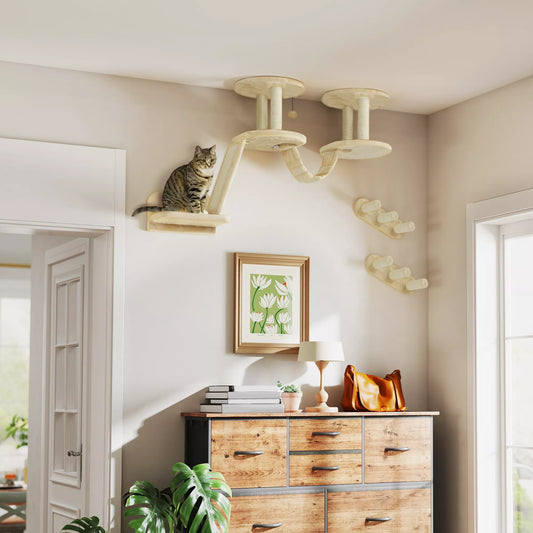 Kaķu kāpņu komplekts, stiprināms pie sienas un griestiem, kaķiem līdz 5 kg, bēšs